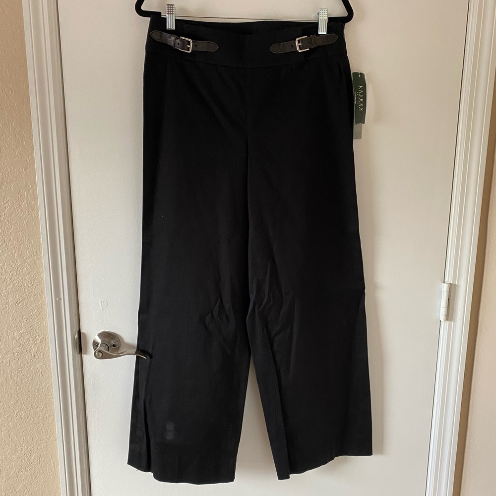 New Lauren Ralph Lauren Wide Leg Side Zipper Black Pants Cotton Stretch Size 10P